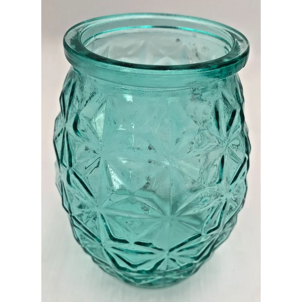 Vintage Polatis Glass Aquamarine Pineapple Jar/Vase/Candle Holder Coastal Decor